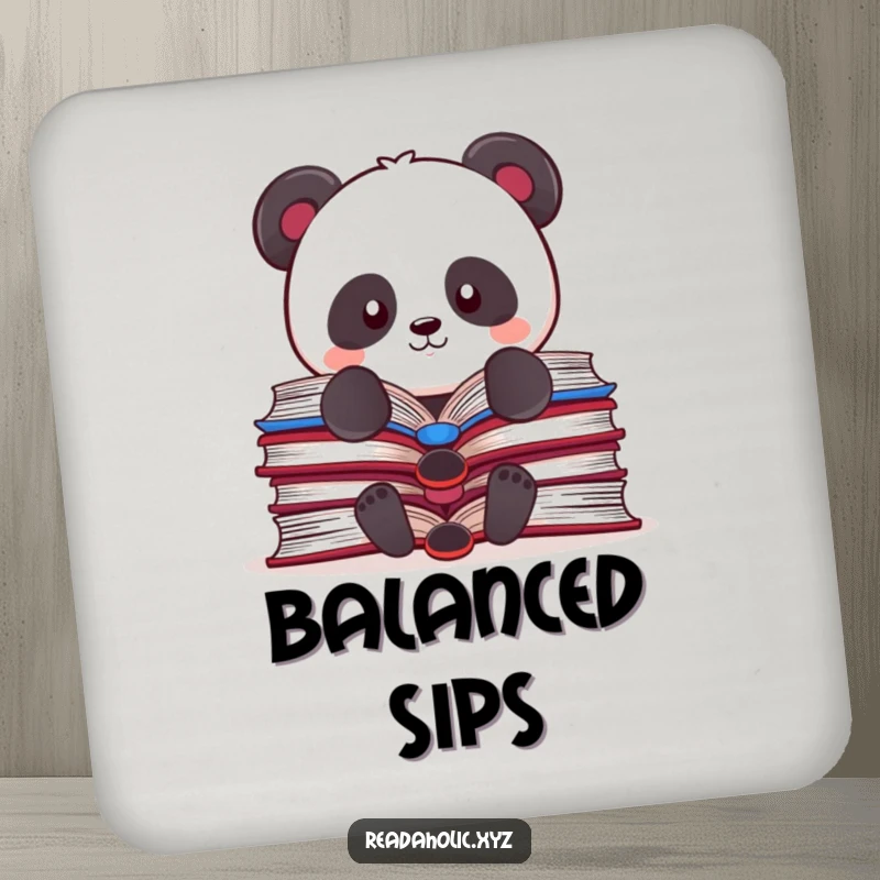 Funny Kawaii panda coaster, humorously balancing open books, a cute and functional accessory for protecting surfaces.