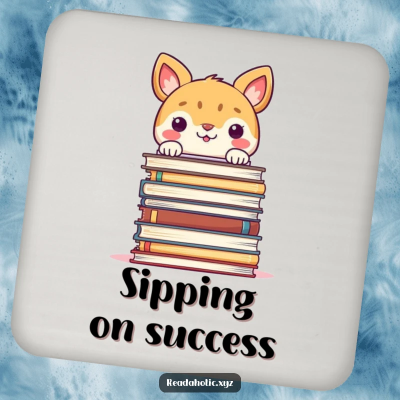 Funny drink coaster featuring a smiling animal peeking over a large stack of books, perfect for coffee tables.