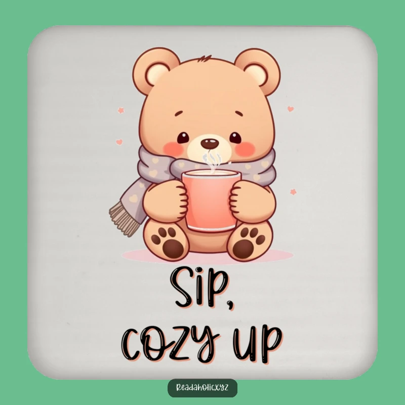Funny Kawaii Bear Coaster: Cozy Bear with Scarf for Warm Tabletop