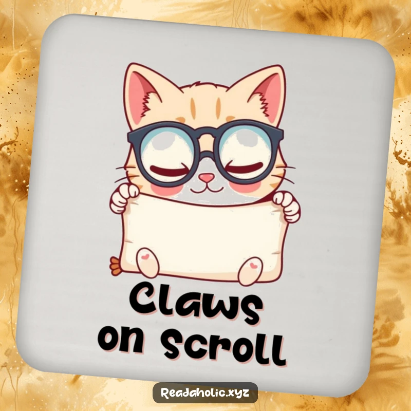 Funny kawaii cat scholar coaster, featuring the character with spectacles and a scroll. Protects surfaces. Ideal funny gift.