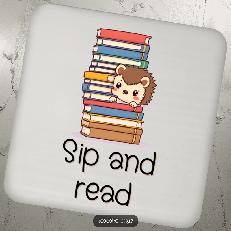 Funny Kawaii hedgehog coaster, peeking from behind books, a cute and functional accessory for protecting surfaces.