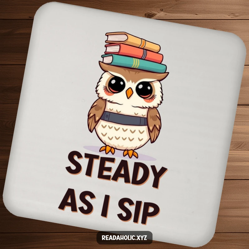 Funny kawaii owl drink coaster featuring a cute owl balancing a stack of books on its head, adding intellectual flair.