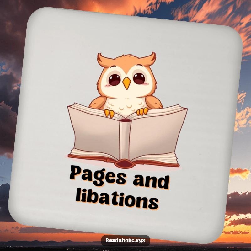 Funny kawaii owl drink coasters with an excited owl turning the page of a large book, perfect for protecting tables with humor.