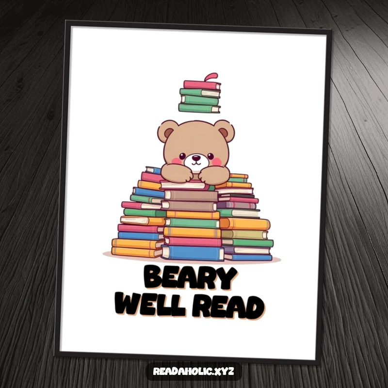 Funny kawaii bear poster, sweetly snuggled amidst a mountain of colorful books, an adorable art piece. Perfect funny gift.