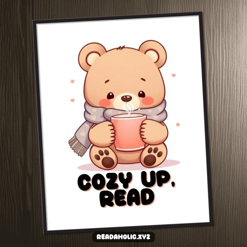 Funny kawaii bear poster, cozy scarf, steaming mug art, cute animal wall decor, heartwarming illustration.