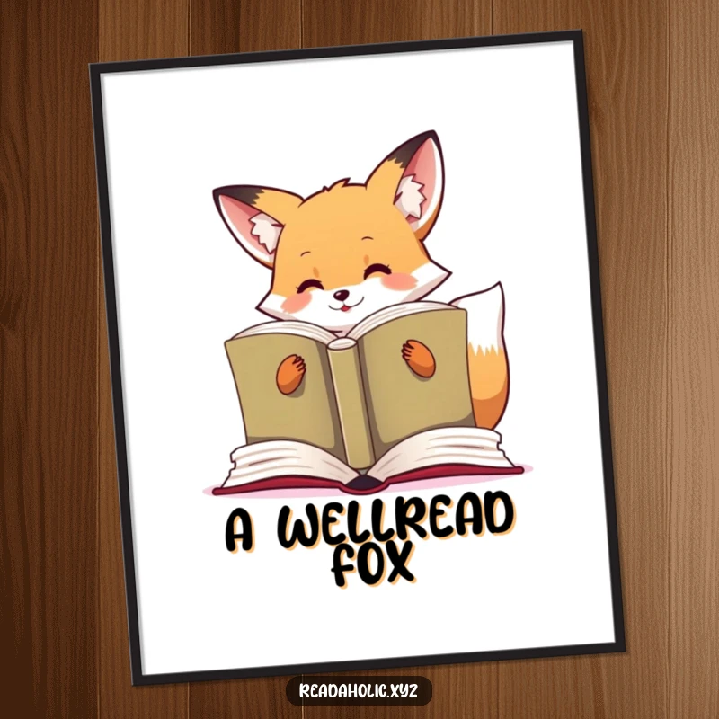 Funny kawaii fox poster art of a cute fox engrossed in reading a huge, open book with great excitement.