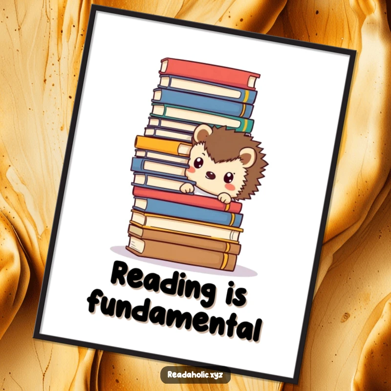 Funny Kawaii hedgehog poster, peeking from behind a colossal stack of books, a cute and heartwarming piece of wall art.