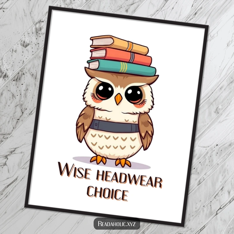 Funny kawaii owl poster art of a cute owl attempting to balance a daunting stack of books on its head, looking focused.