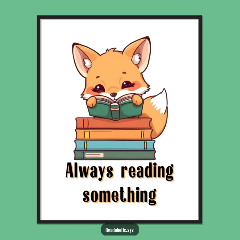 Funny Kawaii Reading Fox Poster: Cute Bookworm Art for a Humorous Wall