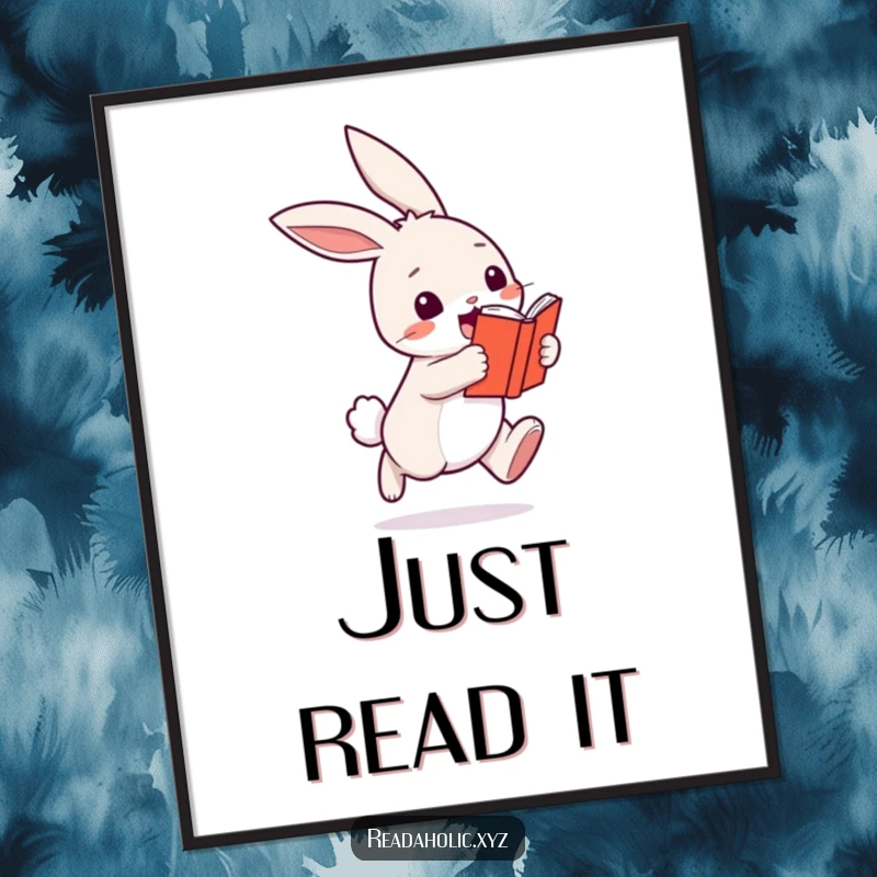 Funny kawaii bunny poster, depicted hopping with excitement holding a miniature book, an adorable art piece. Perfect funny gift.