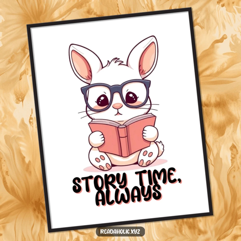 Funny kawaii rabbit poster with a cute rabbit wearing glasses, engrossed in reading, adding intellectual charm and humor to decor.