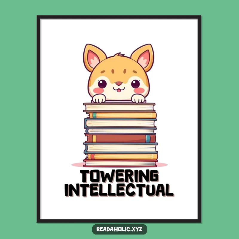 Funny Book Stack Poster: Smiling Animal Peeking, Vibrant Reading Room Art Decor
