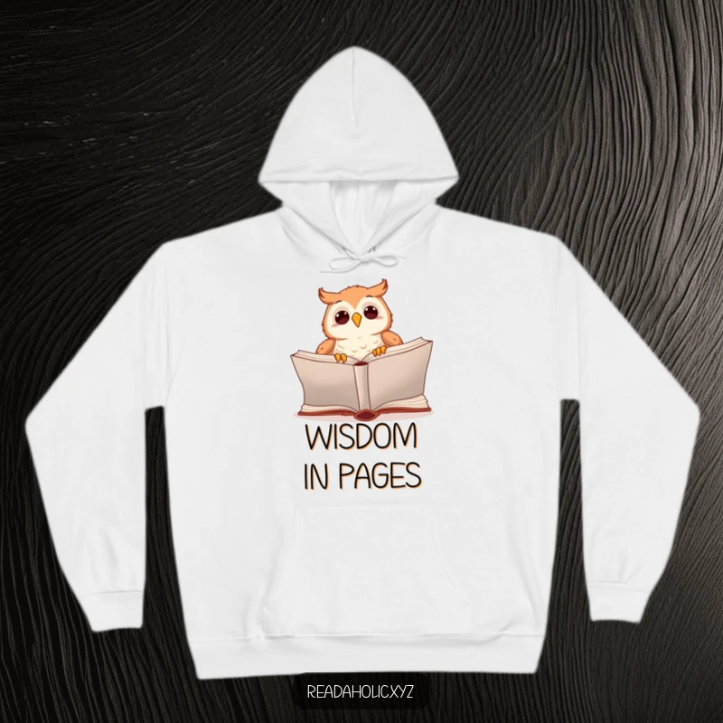 Funny kawaii owl hoodie depicting an excited owl turning the page of an enormous book, perfect for cozy reading moments.