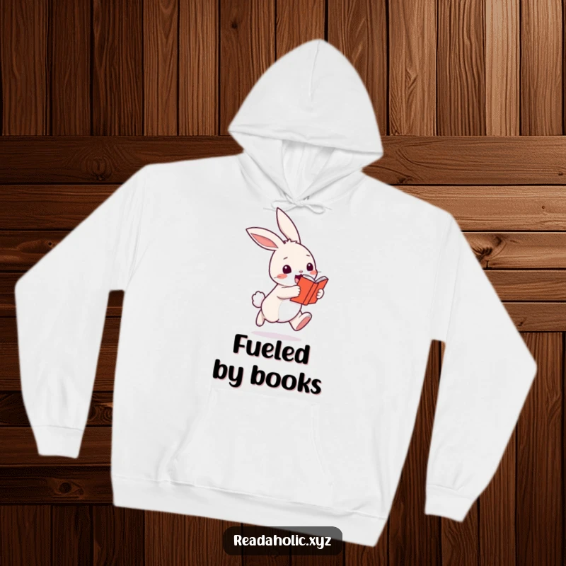 Funny kawaii bunny hoodie, depicted hopping joyfully with a book, embodying cozy reading vibes. Excellent funny gift for book lovers.