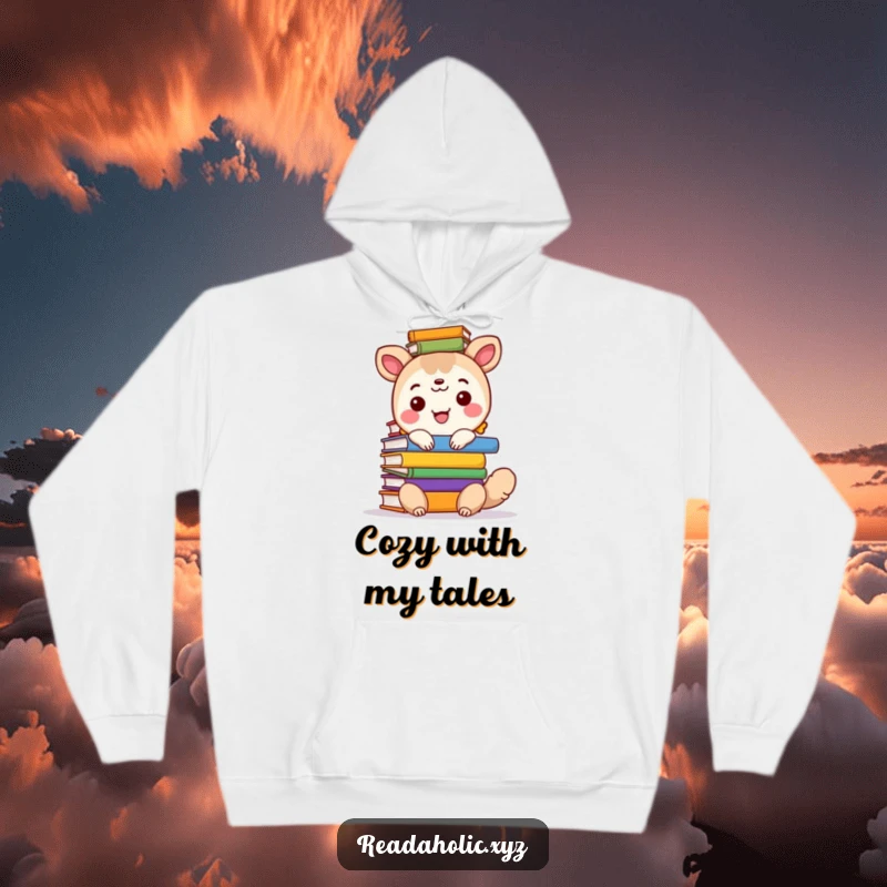 Funny warm hoodie featuring a happy animal character with a very tall stack of colorful books, perfect for book lovers.