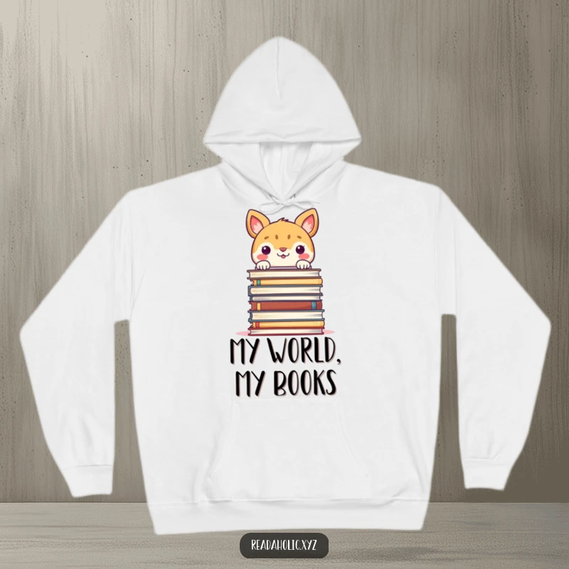 Funny warm hoodie featuring a smiling animal peeking over a massive stack of books, perfect for book lovers.