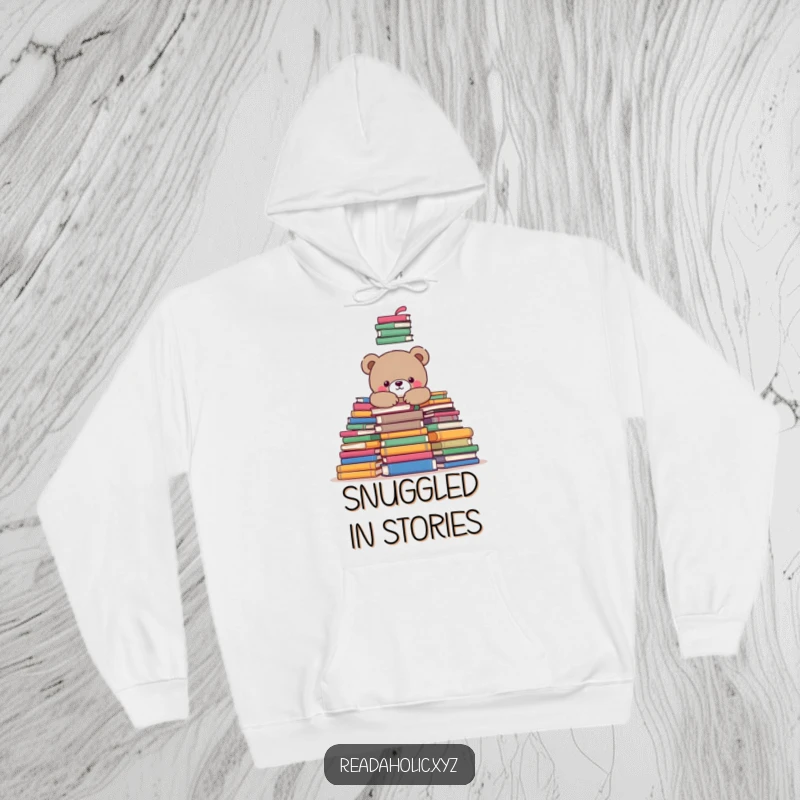 Funny kawaii bear hoodie, snuggled happily amongst a large stack of books, perfect for cozy reading sessions. Great funny gift.