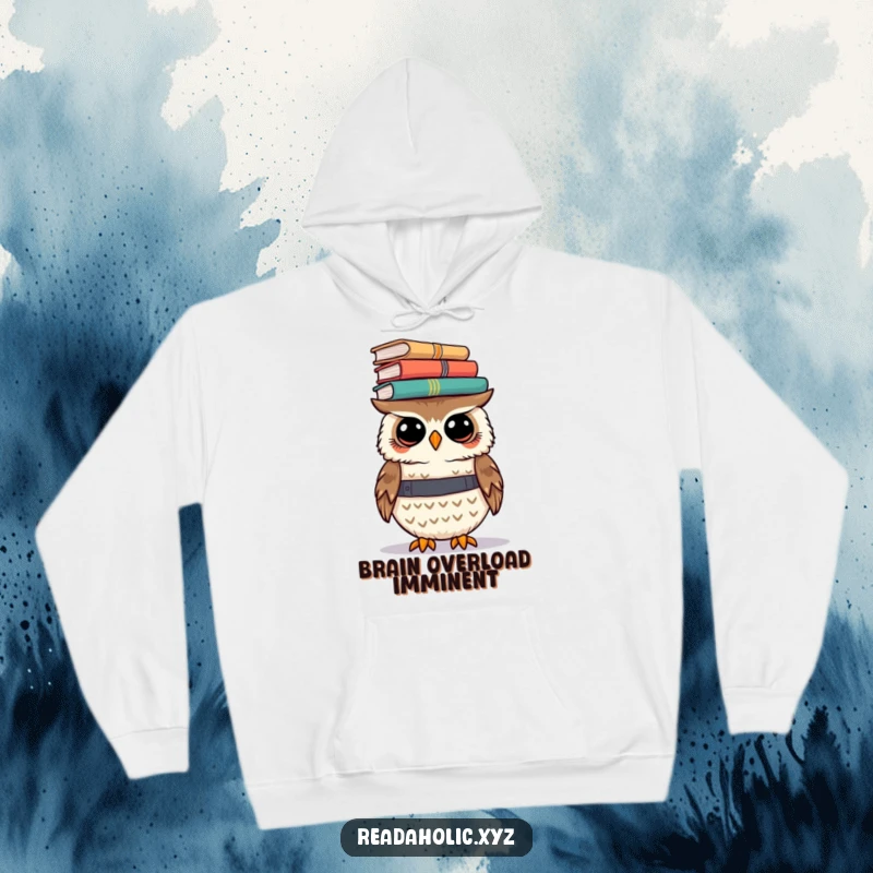 Funny kawaii owl hoodie depicting a cute owl struggling slightly to balance a large stack of books on its head.