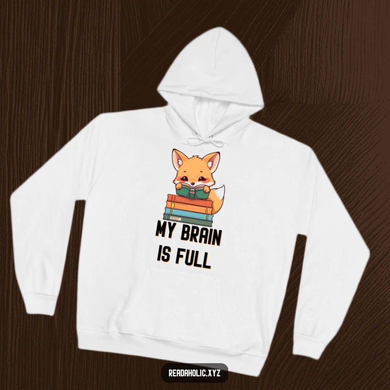 Funny kawaii reading fox peeking over book stacks, cozy bookworm hoodie, cute animal comfort wear, curiosity captured, literary warmth.