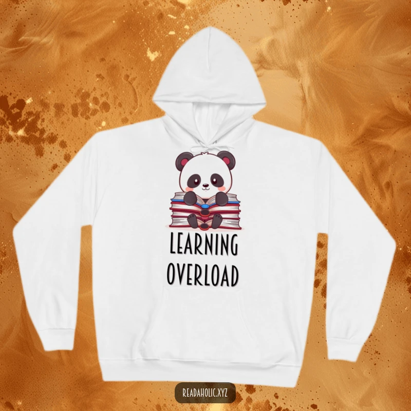 Funny Kawaii panda hoodie, humorously balancing multiple open books, offering cozy comfort and a touch of academic charm.