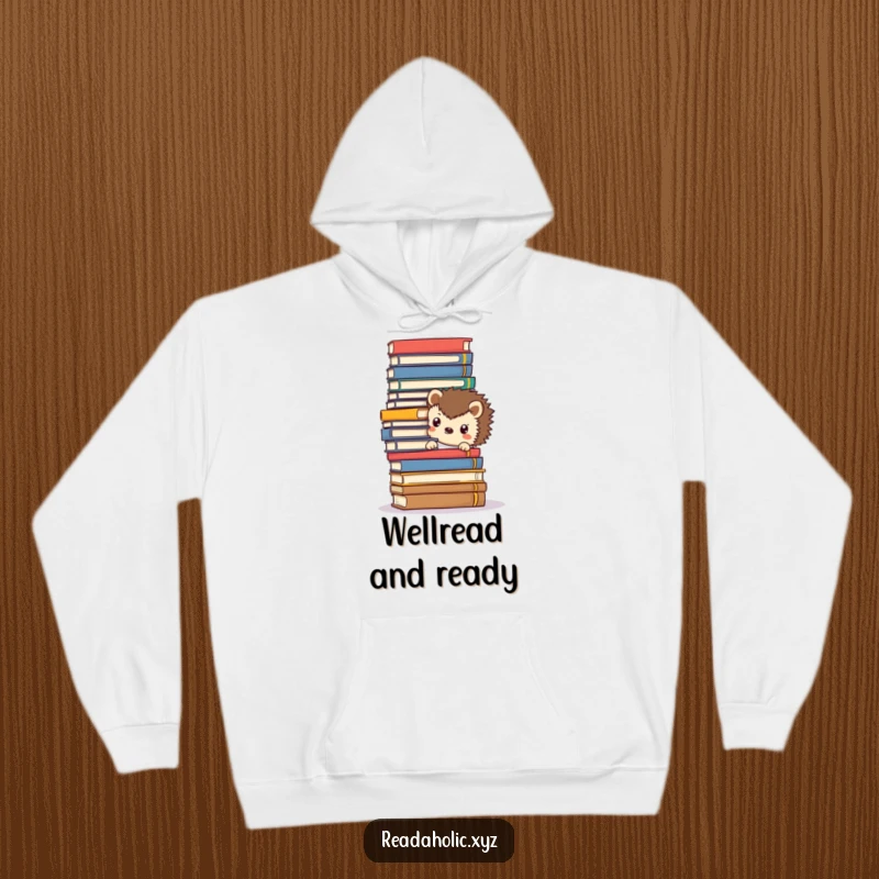 Funny Kawaii hedgehog hoodie, peeking adorably from behind a massive stack of books, offering cozy comfort for book lovers.