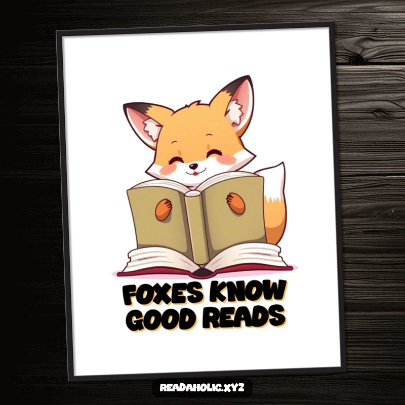 Funny Free Printable Wall Art: Kawaii fox engrossed in a massive book, symbolizing a love for stories and knowledge!