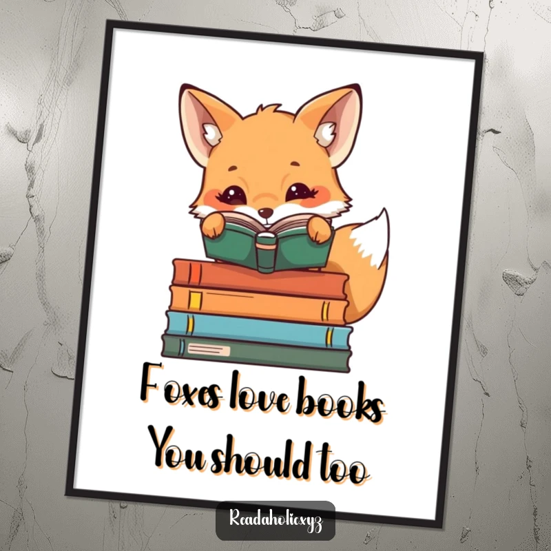 Funny Free Printable Wall Art: Kawaii fox reading over book stacks, curious glance, adorable book nook decor.