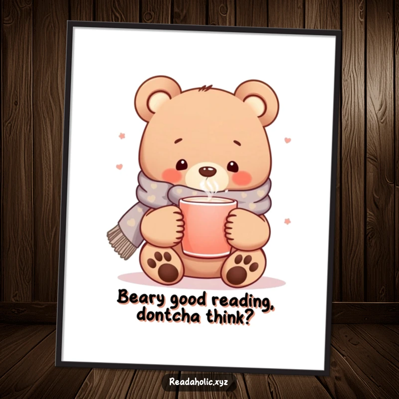 Funny Free Printable Wall Art: Kawaii bear in scarf with mug, reading contentedly, cozy home decor.