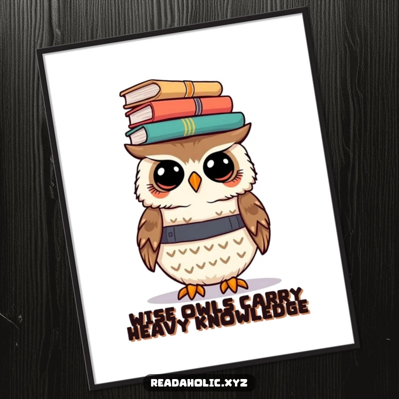 Funny Free Printable Wall Art: Kawaii owl attempting to balance a tall stack of books on its head, a feat of wit!