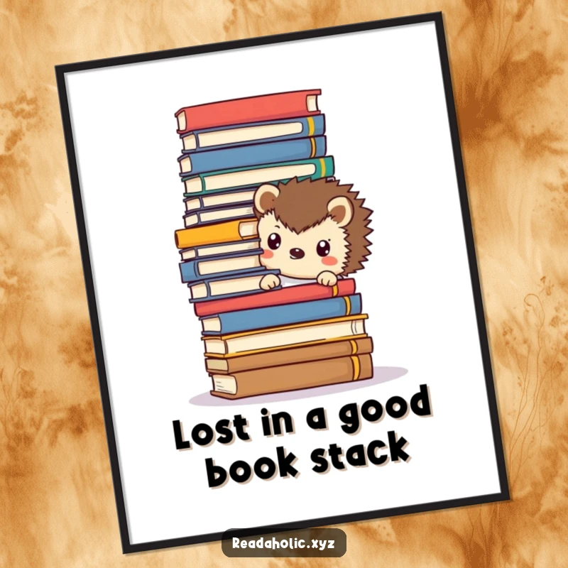 Funny Free Printable Wall Art: A Kawaii hedgehog character peeking out from behind a towering stack of tomes.