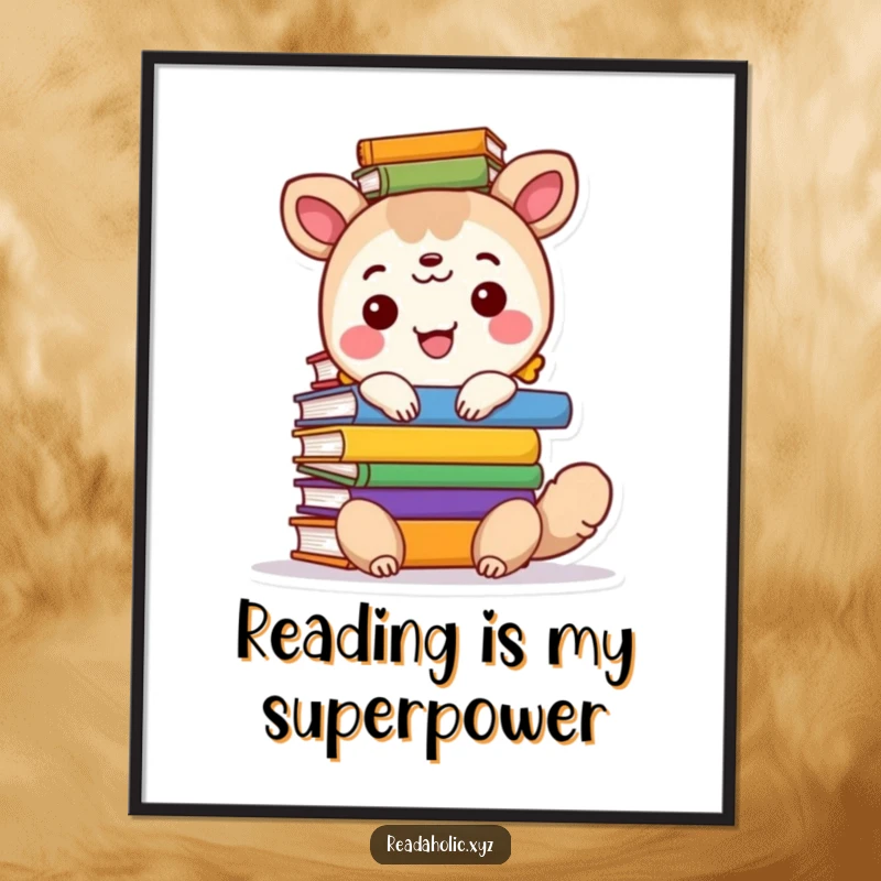 Funny Free Printable Wall Art: Happy animal resting on a towering stack of colorful books, a whimsical and amusing piece.