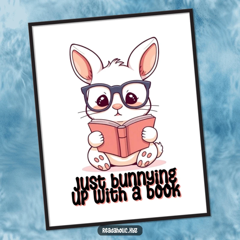 Funny Free Printable Wall Art: A kawaii rabbit with glasses perched on its nose, completely engrossed in a story.
