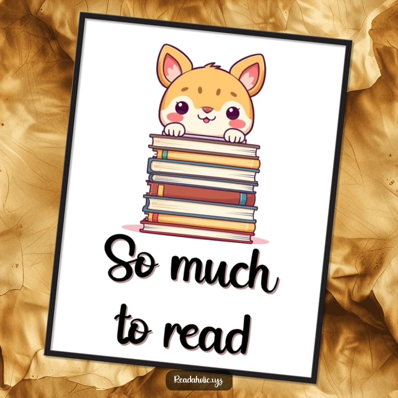 Funny Free Printable Wall Art: Animal peeking over a colossal stack of books, smiling with playful curiosity, whimsical decor.