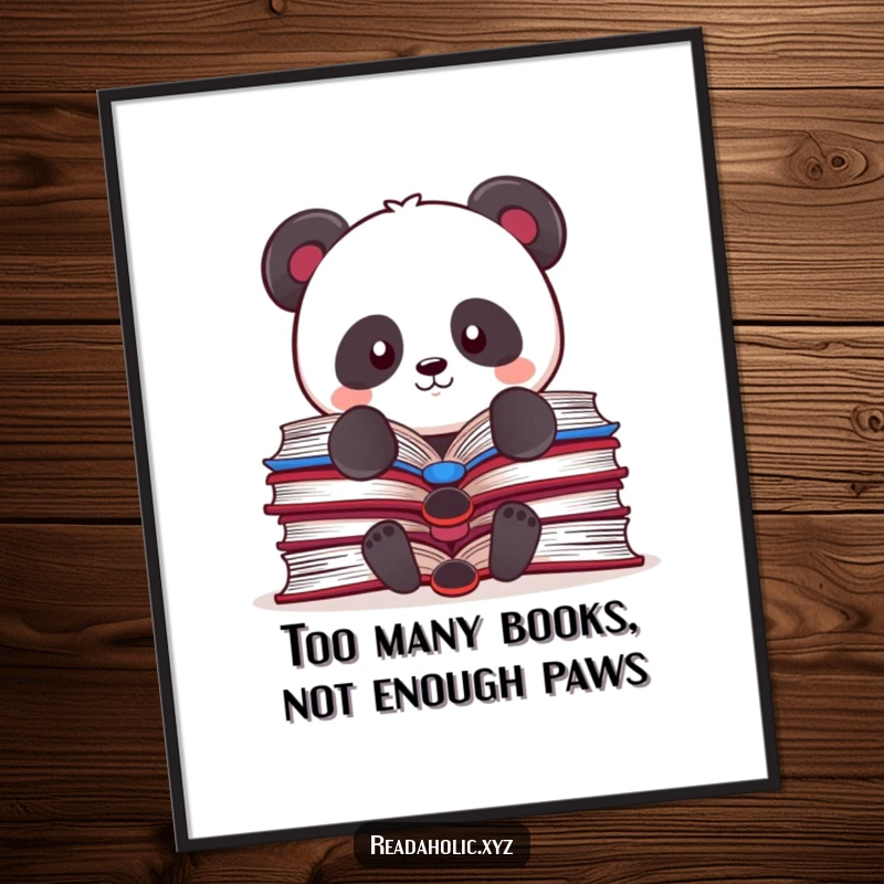 Funny Free Printable Wall Art: A Kawaii panda character trying to balance multiple open books.