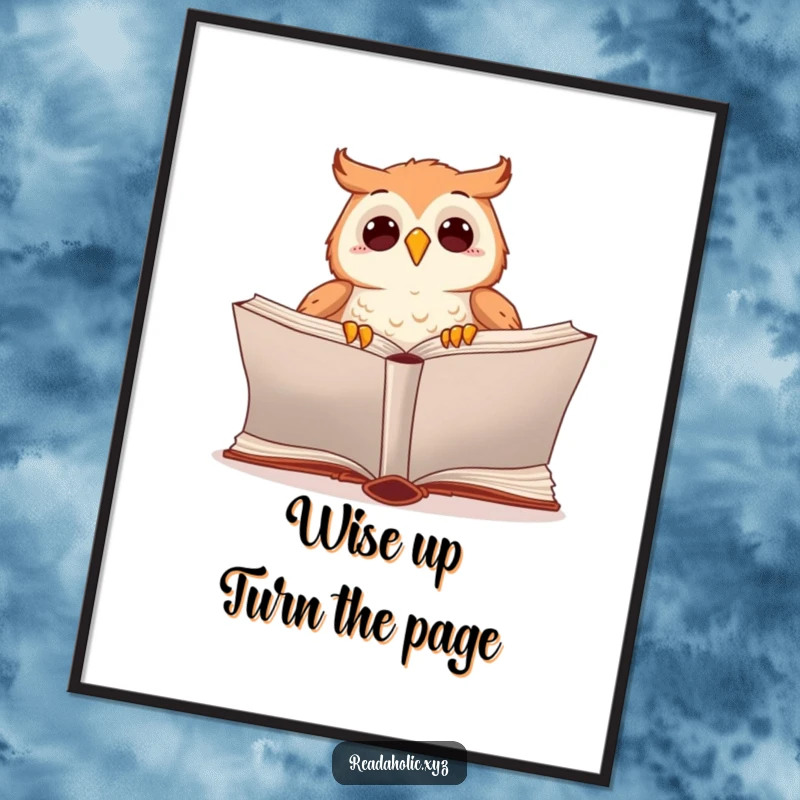 Funny Free Printable Wall Art: A cute kawaii owl excitedly turning the page of a massive, old book.
