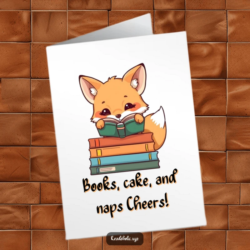 Funny Free Printable Birthday Card: Kawaii fox peeking over book stacks, curious glance, perfect for book lovers.