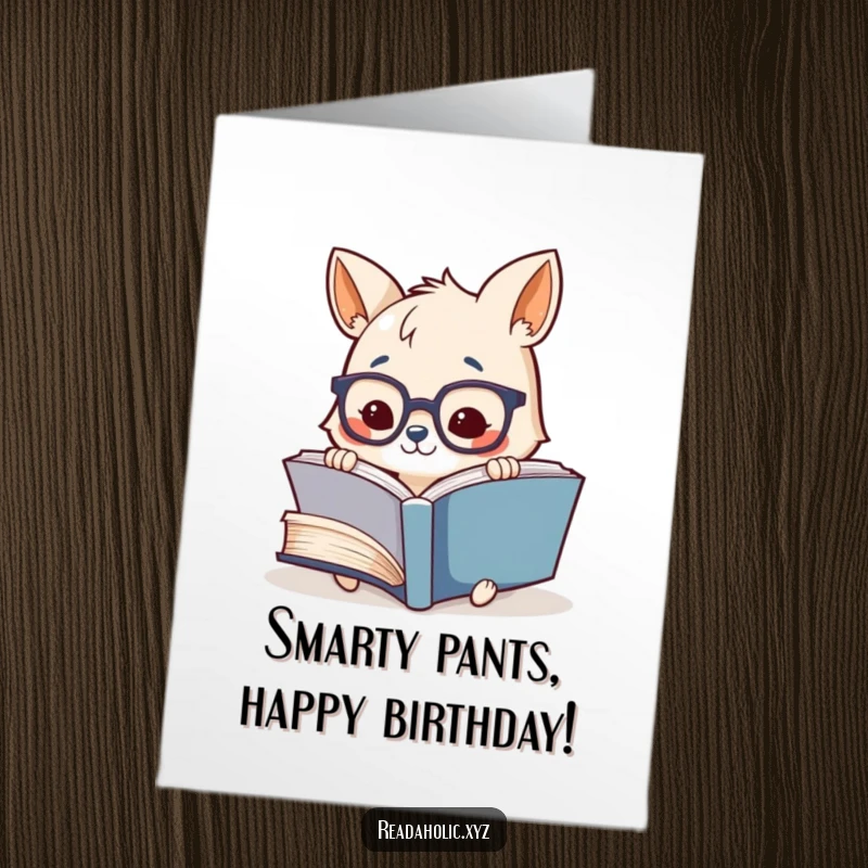 Funny Free Printable Birthday Card: Adorable animal with glasses reads a giant book, perfect for bookworms and humor lovers.