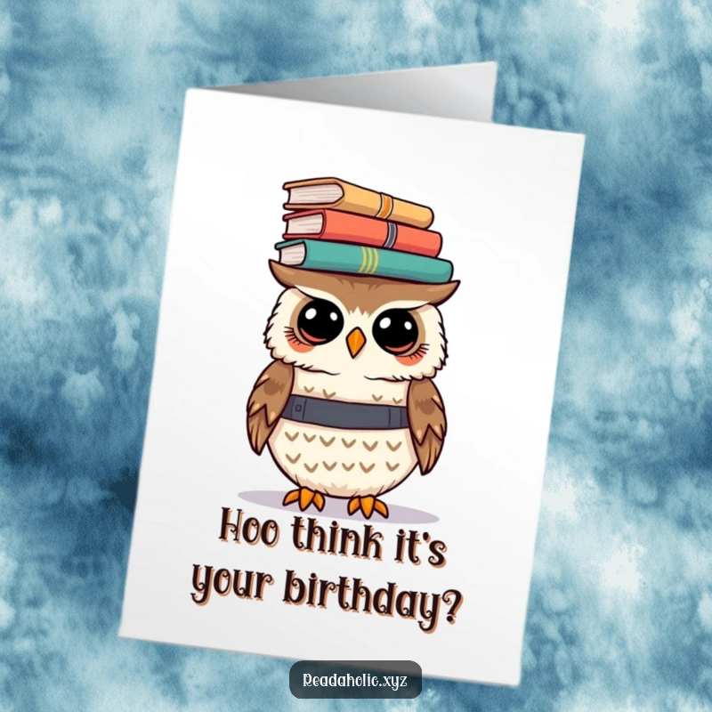 Funny Free Printable Birthday Card: Kawaii owl precariously balancing books, wishing a balanced and happy birthday!