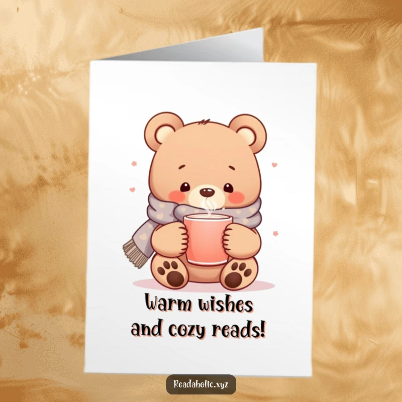 Funny Free Printable Birthday Card: Kawaii bear in scarf with mug, reading happily, cozy birthday wishes.