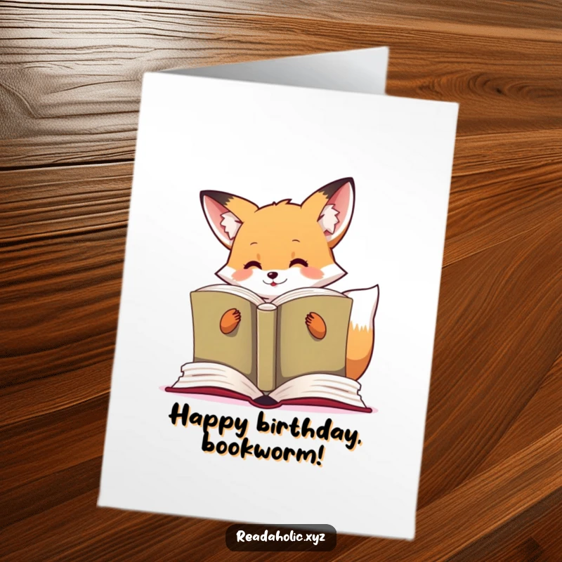 Funny Free Printable Birthday Card: Kawaii fox engrossed in a giant book, celebrating a birthday filled with stories!