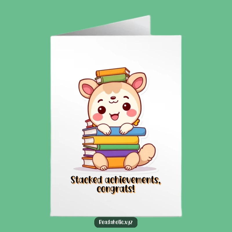Free Printable Congrats Card: Book Stack Animal - Happy Achievement Downloadable