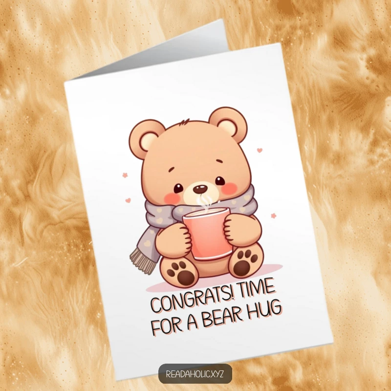 Funny Free Printable Congrats Card: Kawaii bear with scarf and mug, celebrating success, warm congratulations.