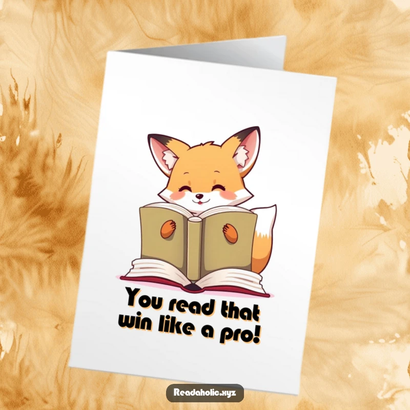 Funny Free Printable Congrats Card: Kawaii fox reading enthusiastically, marking a new successful chapter!