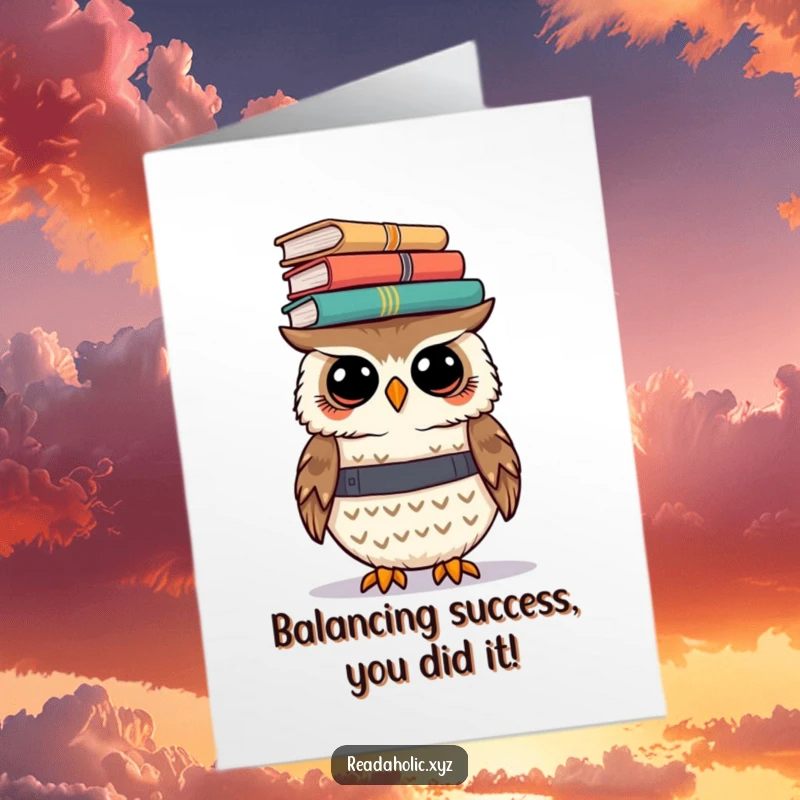 Funny Free Printable Congrats Card: Kawaii owl balancing books, representing a massive pile of well-deserved success!