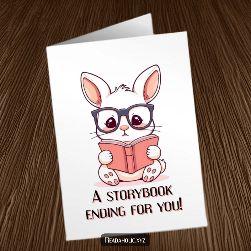 Free Printable Congratulations Card: A kawaii rabbit with glasses, deeply absorbed in a captivating story.