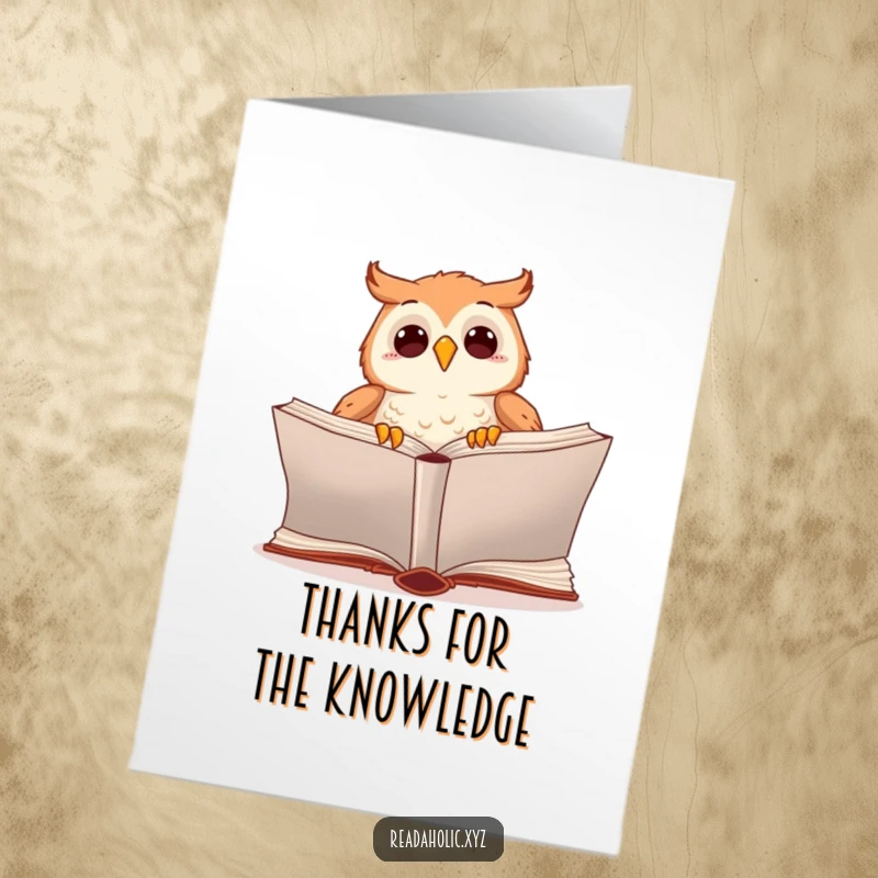 Funny Free Printable Thank You Card: A kawaii owl engrossed in reading, page turning.