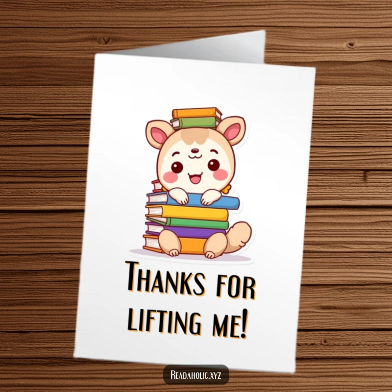 Funny Free Printable Thank You Card: Happy animal perched on a massive book stack, conveying heartfelt and amusing thanks.