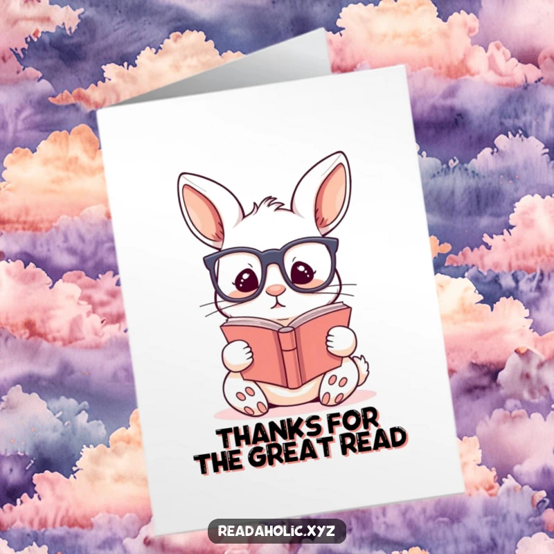 Funny Free Printable Thank You Card: A kawaii rabbit with glasses, lost in the pages of a book.