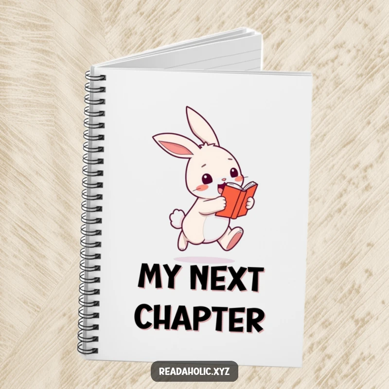 Funny kawaii bunny notebook, cute character hopping with book, perfect for journaling and notes. Excellent funny gift.
