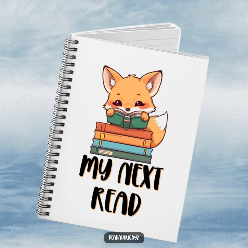 Funny kawaii reading fox peeking over book stacks, cute bookish notebook, literary journal, animal stationery, curious glance.